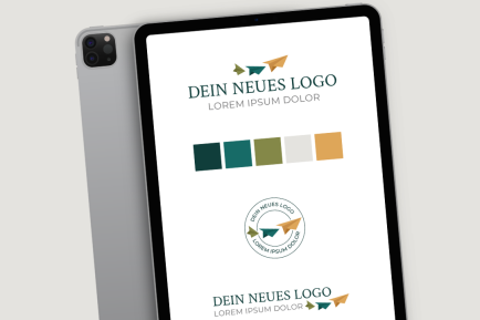 fertiges Logo – Papierflieger – iPad Mockup mit Logos und Farbpalette